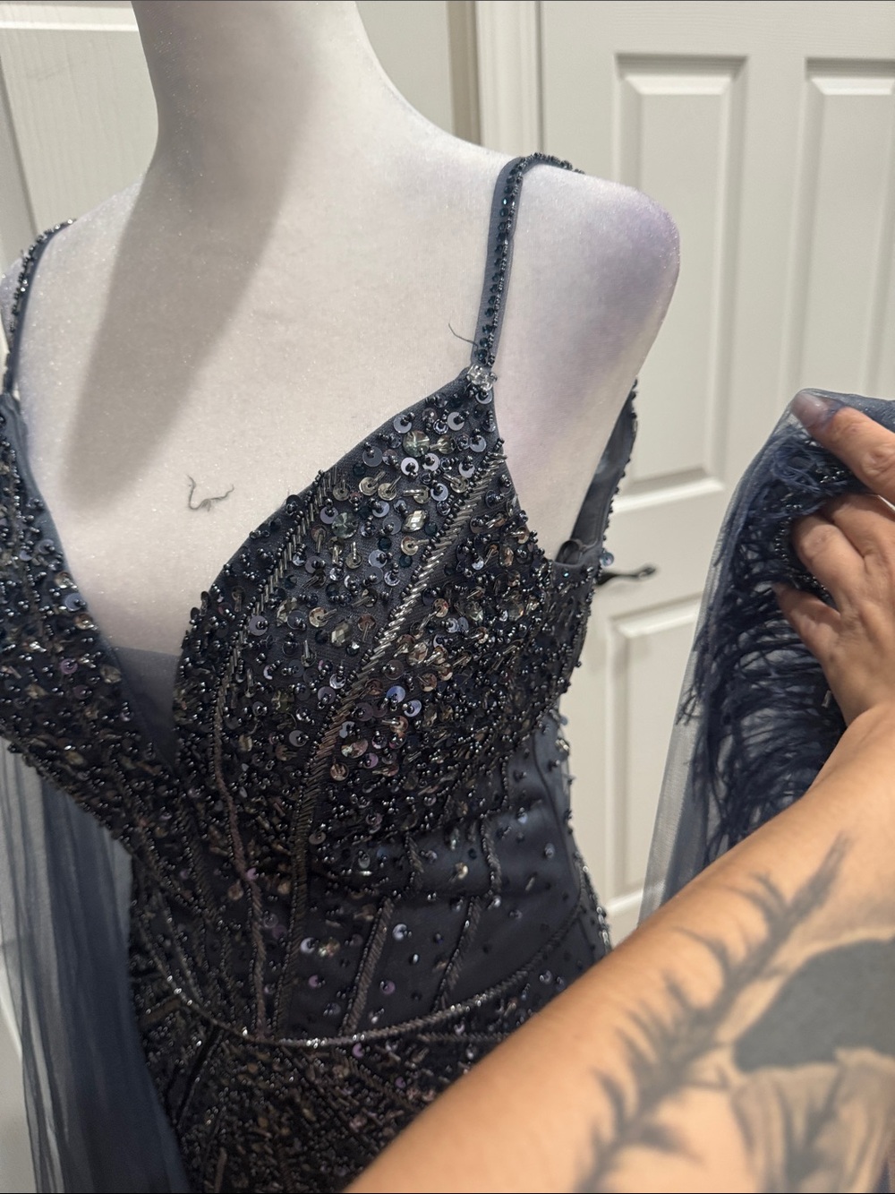 Embellished Navy Evening Gown with Feather Trim - Picture 6 of 7